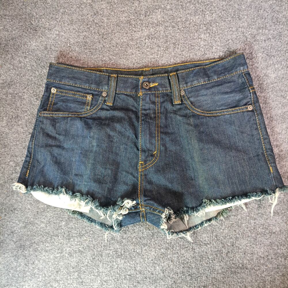 Levis Denim Cut Off Shorts Women Waist 32 Blue Dark Wash Western Cowgirl Raw Hem